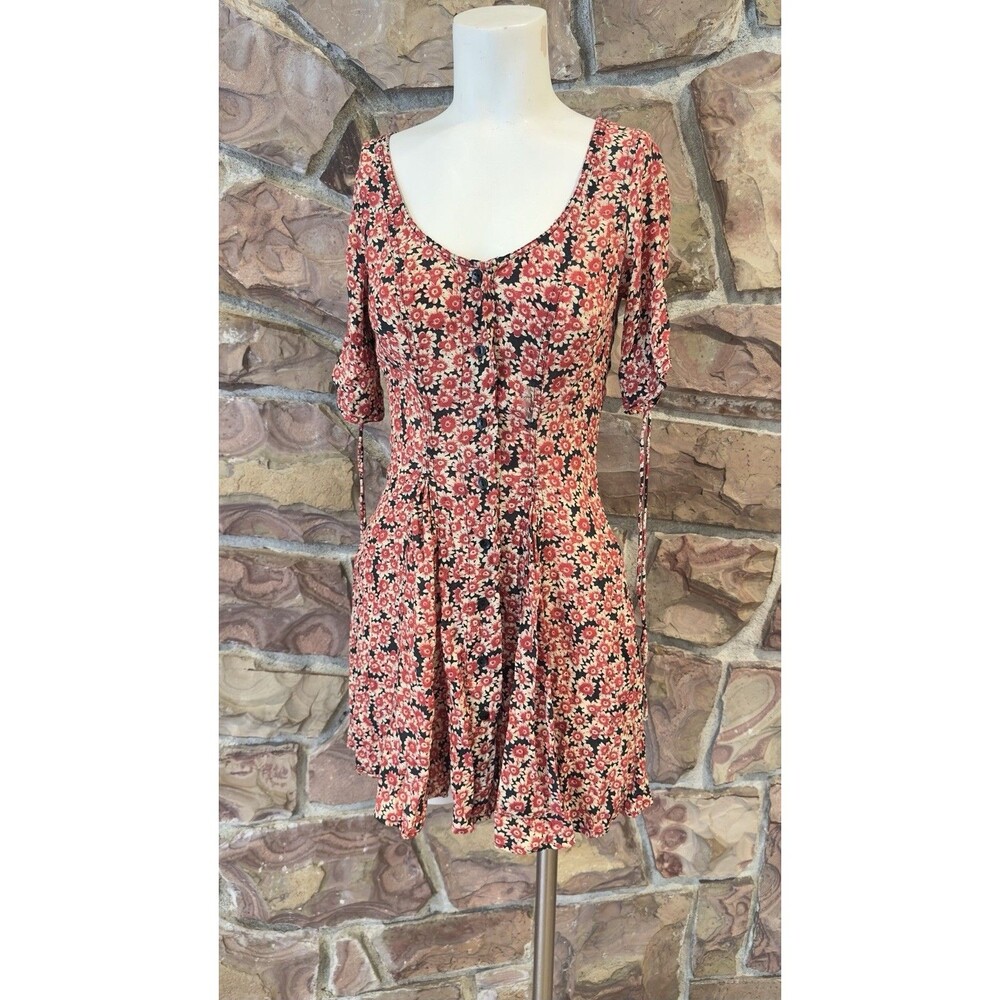 Free People Floral Corset Lace‑Up Mini Dress red/black Button down pockets  S/P - Picture 3 of 15